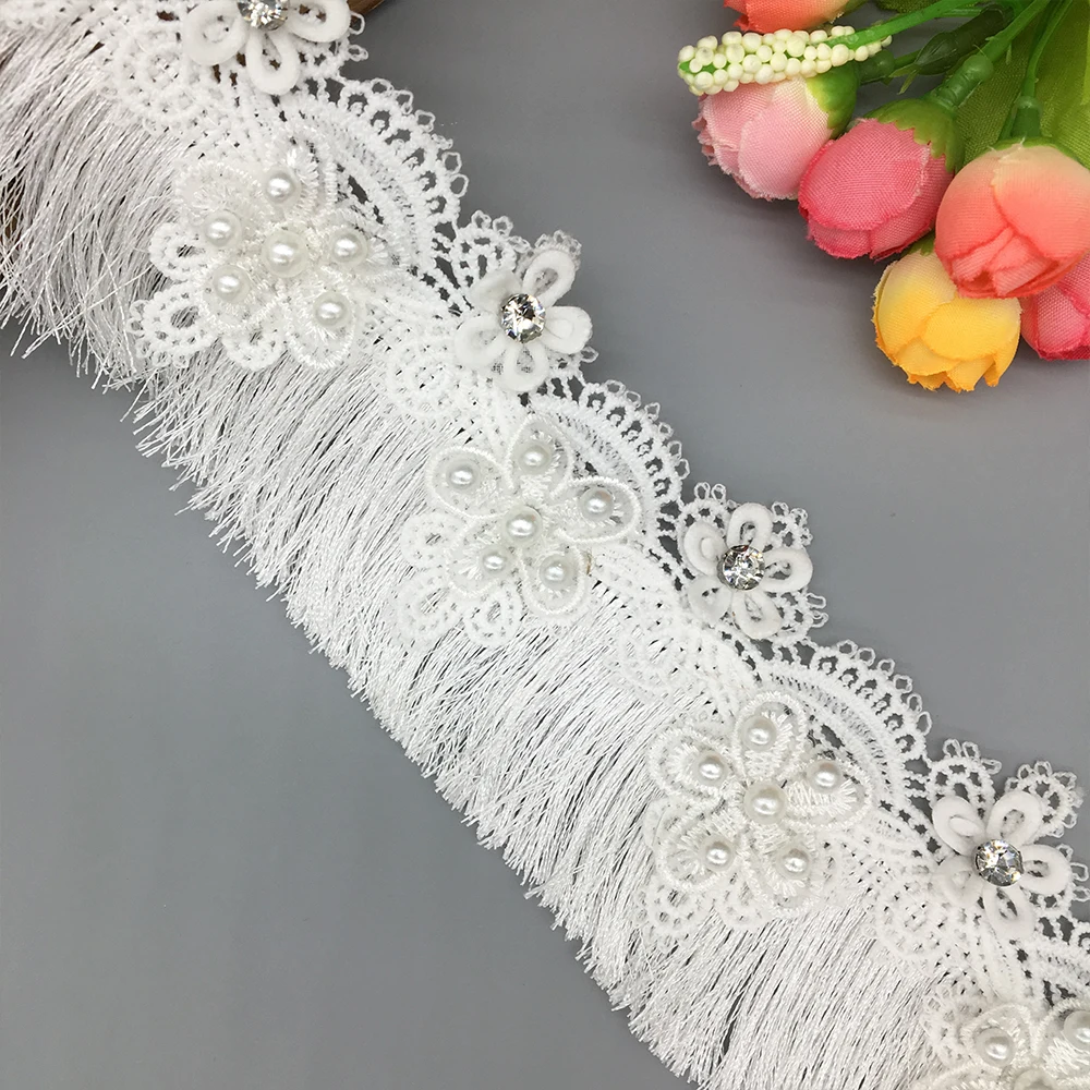 10x White Cotton Tassel Lace Trim Diamond Flower Embroidered Ribbon Wedding Fabric Sewing Craft Dress DIY Accessories 70mm