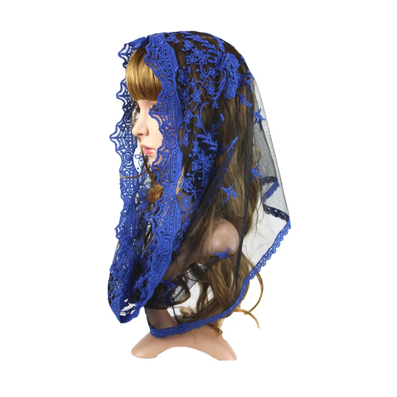 

Blue Embroidery Lace Infinity Veil Catholic Church Lace Veil Mantilla Lady Head Covering