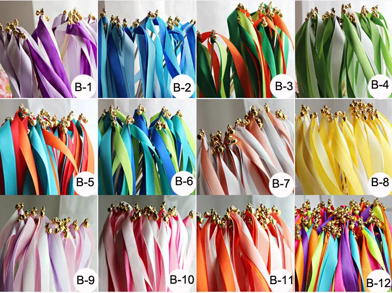 

500pcs/lot B12 Style Mix color Wedding ribbon Wands with gold Bells for wedding decoration