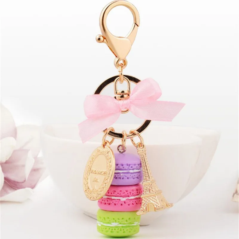 Creative Macarons Cake Keychain LADUREE Effiel Tower Ribbon Key Chain Ring Women Handbag Bag Charm Fashion Trinket Wholeasle