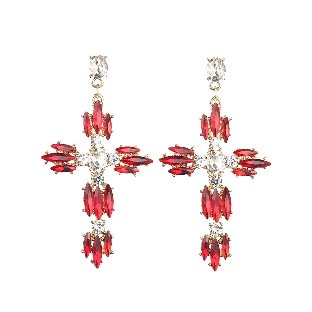 Pendientes de Cruz con diamantes de imitación para mujer, aretes grandes, declaración, cristal, moda de verano, joyería de otoño, 2021