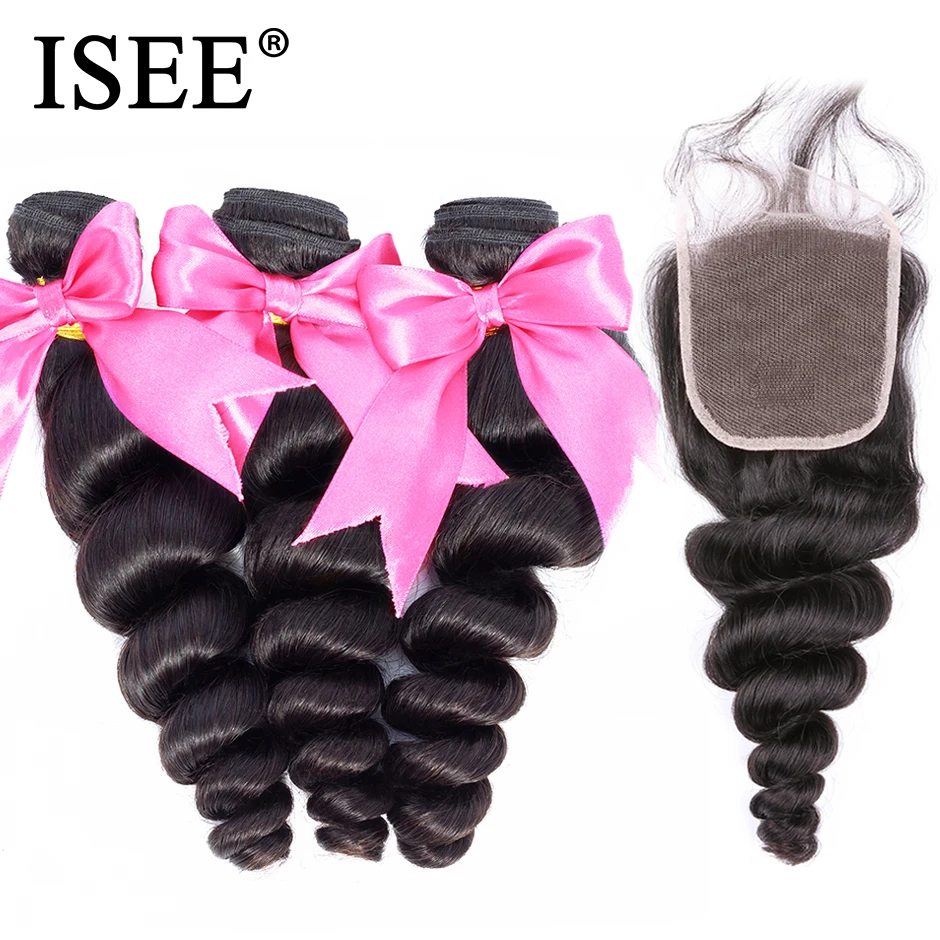 Peruvian Loose Wave Bundles With Closure ISEE HAIR Extension 3/4 Bundles With Closure 100% Remy Human Hair Bundles With Closure