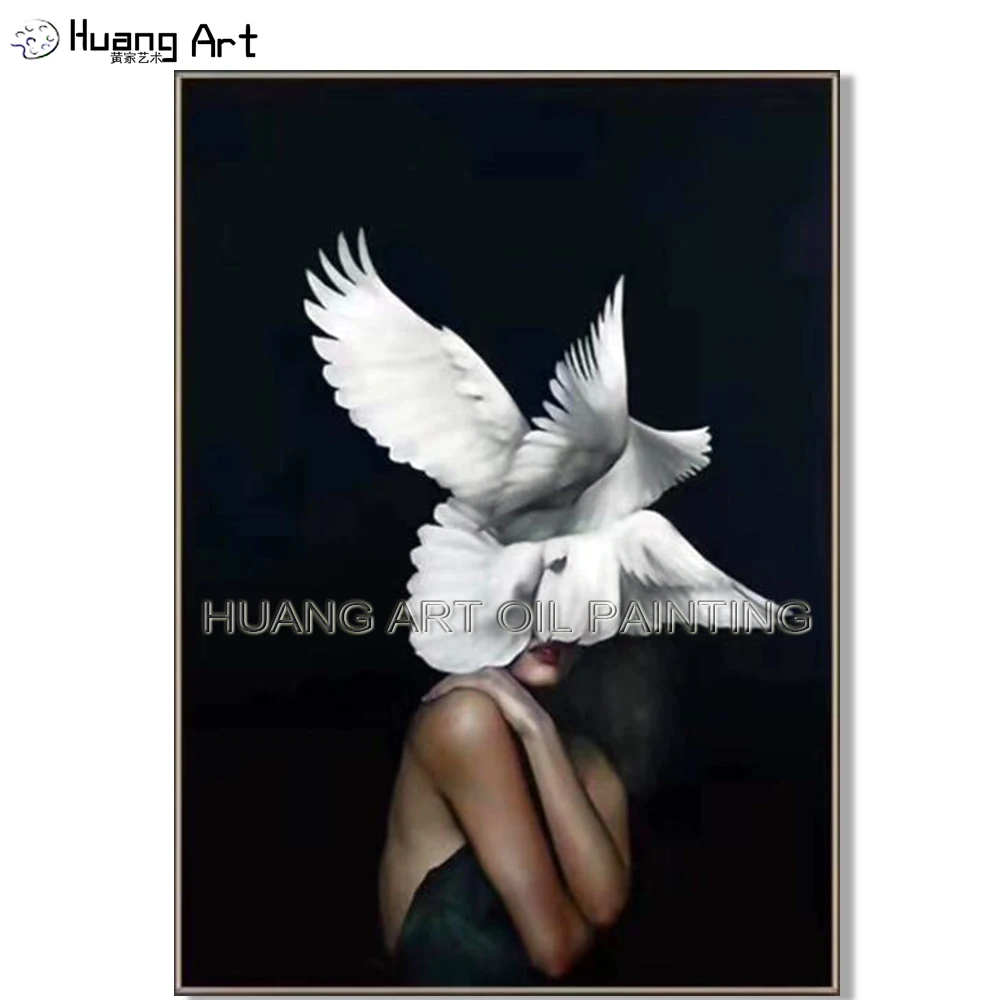 

Artist Handmade High Quality Modern Creative Portrait Oil Painting on Canvas Beautiful Women Head with Dove Home Wall Decor