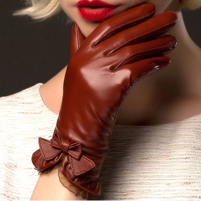 BOOUNI Genuine Sheepskin Gloves Fashion Wrist Lace Bow Solid Women Leather Glove Thermal Winter Driving Keep Warm NW176