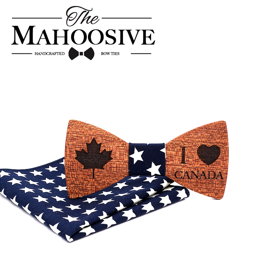 Mahoosive Men's Wood Bowtie Hanky Set Brand Business CANADA Wooden Bow Tie Neckties Hadkerchief Set for Wedding Groom Tie