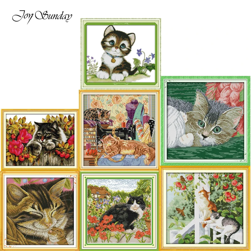 

New Joy Sunday Chinese Cross Stitch Cat DMC Embroidery Floss 11ct 14ct Water Soluble Canvas Printed Cat Patterns Needlework Sets