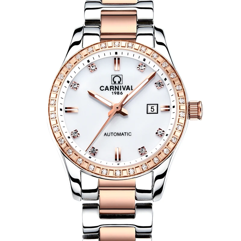 Carnival Women Automatic Watch Brief With Rhinestone Date Luxury Mechanical Watch Women Dress Watch Steel Band