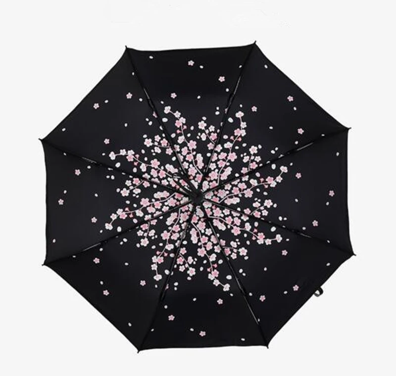 Lightweight Portable Folding Cherry Sun/Rain Umbrella Upscale Vinyl Printing Black UV Parasol Outdoor Windproof Bumbershoot