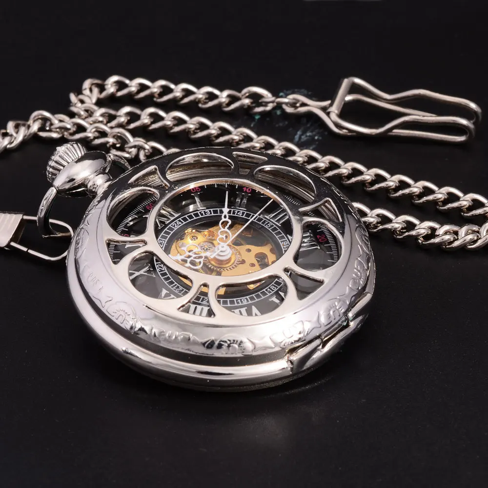 Classic Silver Flower Case Skeleton Dial Male Relogio De Bolso Chain Clock Vintage Men Hand Wind Mechanical Pocket Fob Watch