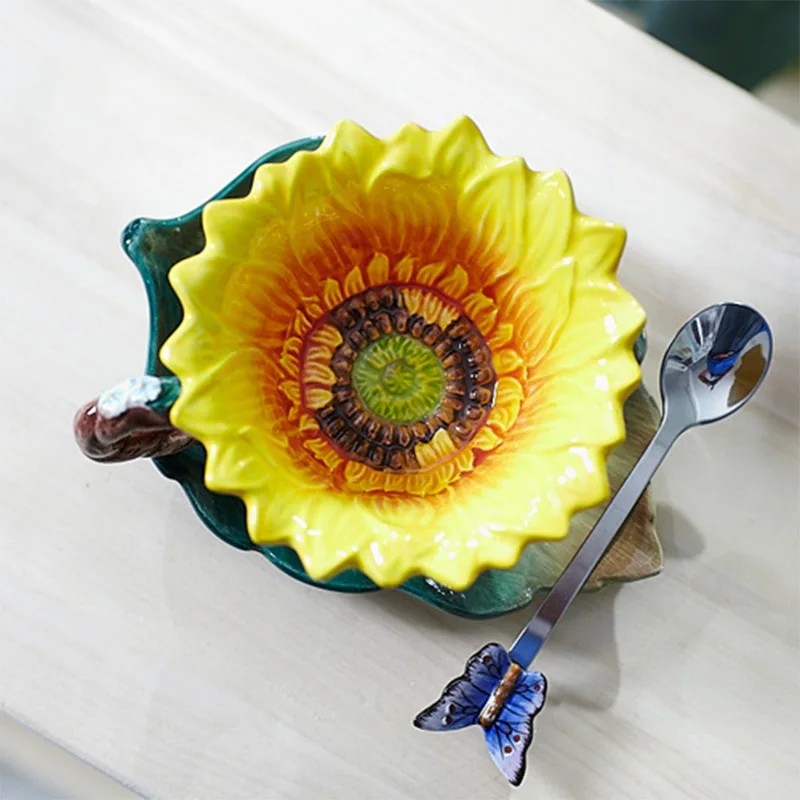 Creative Sunflower Enamel Porcelain Mugs Ceramic Coffee Cup Original Taza Copo Home Decor Porcelain Butterfly Spoon