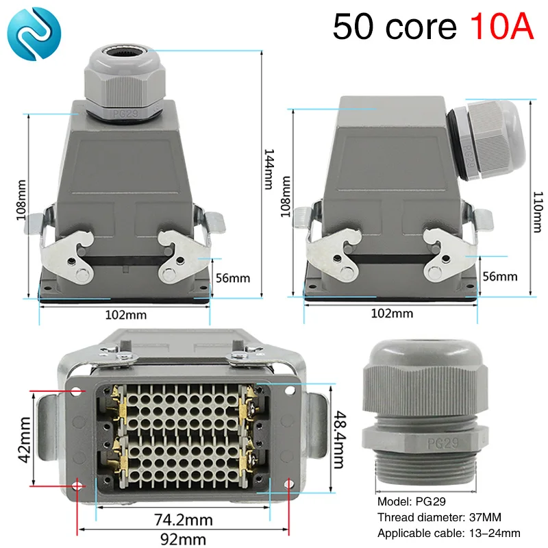 

50 core rectangular heavy duty connector HDC-HDD-050 cold plug industrial waterproof plug socket 10A