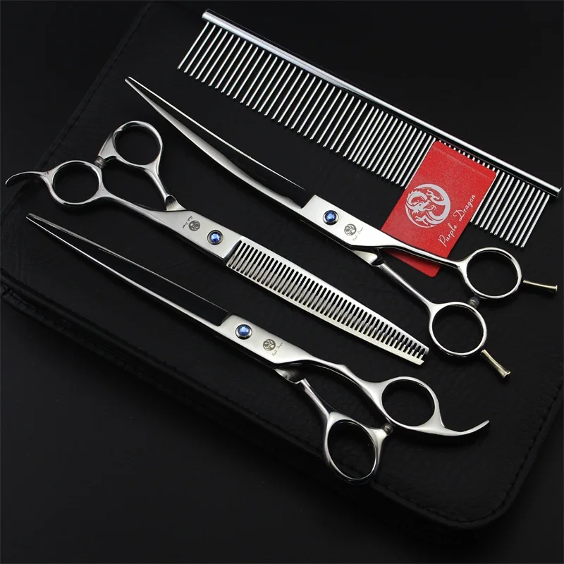 8.0 inch Professional Pet Dog Grooming Scissors tool Straight & Curved Shear & thinning Hair Cutting Shears 3 PCS+ Case+comb