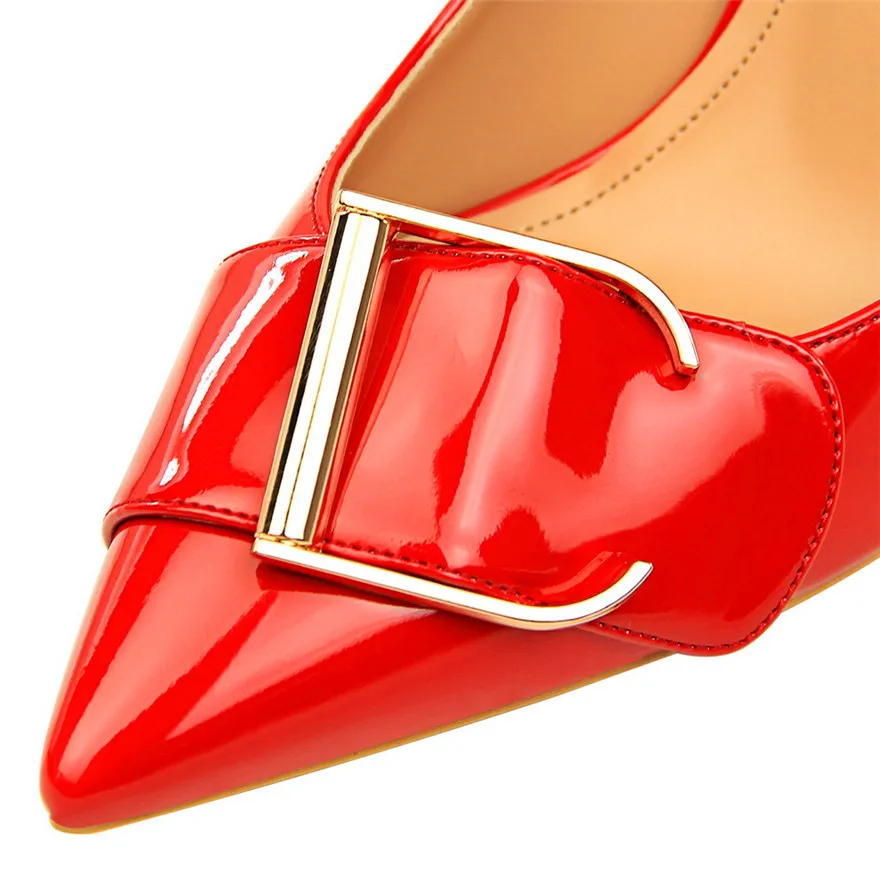 Red Belt Buckle Shallow Women Wedding Shoes 2024 New Patent Leather Pointed Toe Woman Pumps High Heels Female Dress Office Shoes