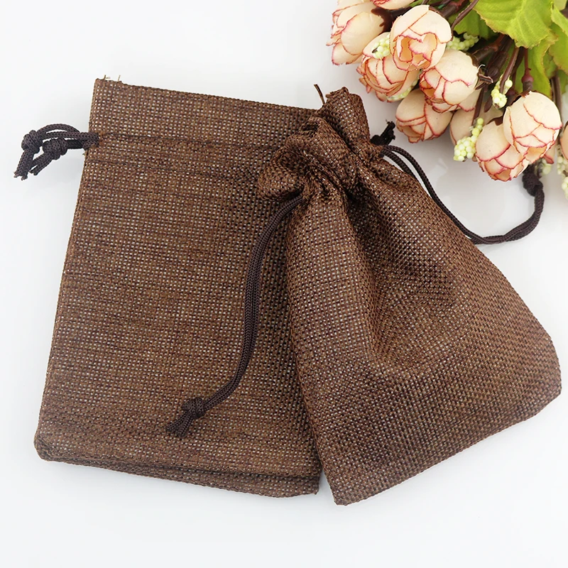 100pcs/lot 13x18cm coffee jute bags favor linen bag small drawstring gift bag Wedding charms jewelry packaging bags