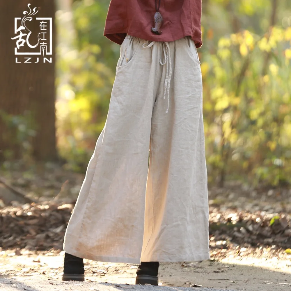 LZJN-Drawstring Linen Pants for Women, Long Trousers, Vintage Bottoms, Elastic, High Waist, Wide Leg, Spring, Summer, 2025