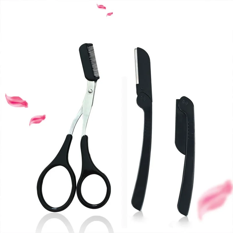 Eyelash Hair Scissors Eyebrow Trimmer Eyelash Hair Clips Scissors Comb Lady Woman Men Shaping Shaver Pink Black