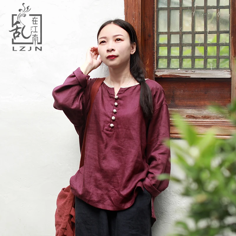 LZJN Vintage Vrouwen Blouses Lange Mouwen Tuniek Tops 2019 Herfst Shirts Trui O-hals Chinese Kleding Paars Linnen Hoge Lage Top