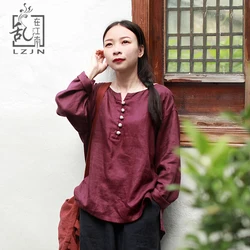 LZJN Vintage Women Blouses Long Sleeve Tunic Tops 2019 Autumn Shirts Pullover O-Neck Chinese Clothing Purple Linen High Low Top