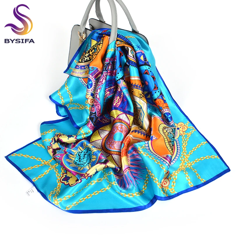 [BYSIFA] Women\'s Scarves New 100% Silk Scarf Fashion Brand Luxury Pure Silk Blue Scarf Shawl Spring Fall Winter Scarves 88*88cm