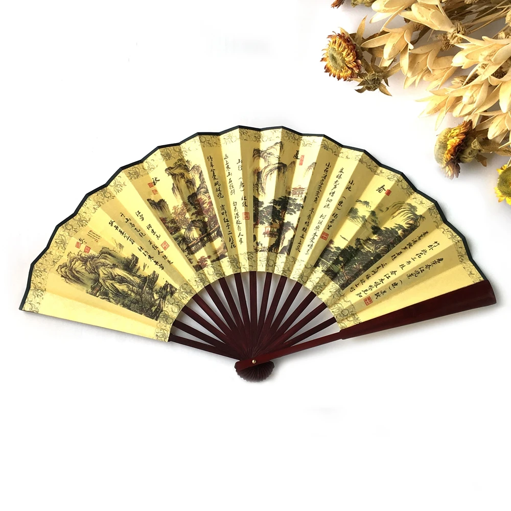 

Free Shipping 1pcs GSFY-Men Women Wood Handle Fabric Folding Hand Fan 13-inch Length Yellow