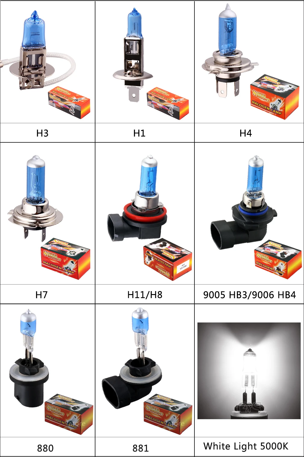 10pcs Halogen Bulbs Super Bright H1 H3 H7 H4 H11 HB3 HB4 HB5 9004 9005 9005 9007 White Fog Light 100W 55W Car Head Lamp 12V