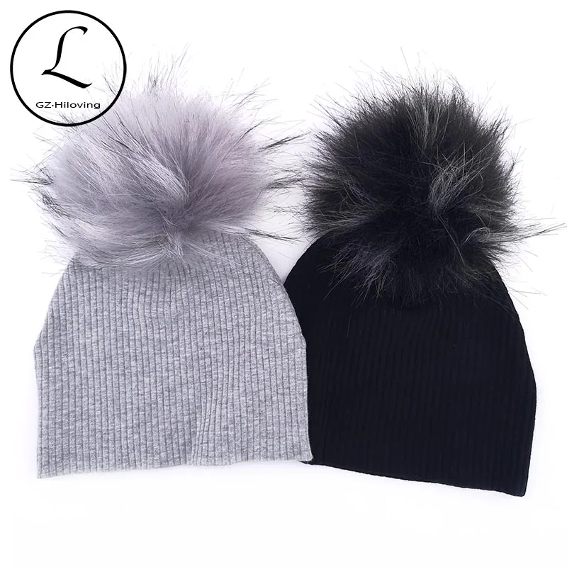 

GZhilovingL Soft Ribbed Cotton Beanies Hats With Faux Fur pompom For Newborn Baby Girls Boys Autumn Winter Kids Baby Hats