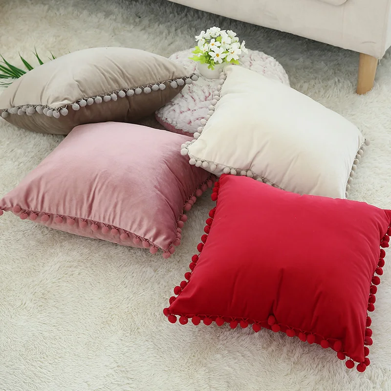 Cute Pompom Ball Pillow Covers Pink Red Blue Ivory Solid Cushion Cover Soft Velvet Home Decorative 45x45cm for Sofa Bed Chair