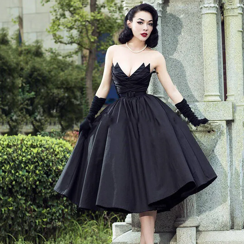 JaneVini Chic A Line Black Prom Dresses with Sashes 2019 Strapless Satin Tea-Length Backless Formal Women Prom Dress Abendkleid