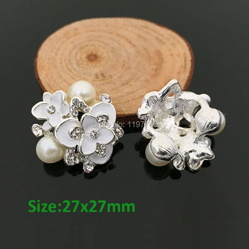 

White Flower Pearl Enamel Crystal Wedding New Fashion 2019 Flat Back Embellishment Rhinestone Button Accessory 10pcs 27*27mm