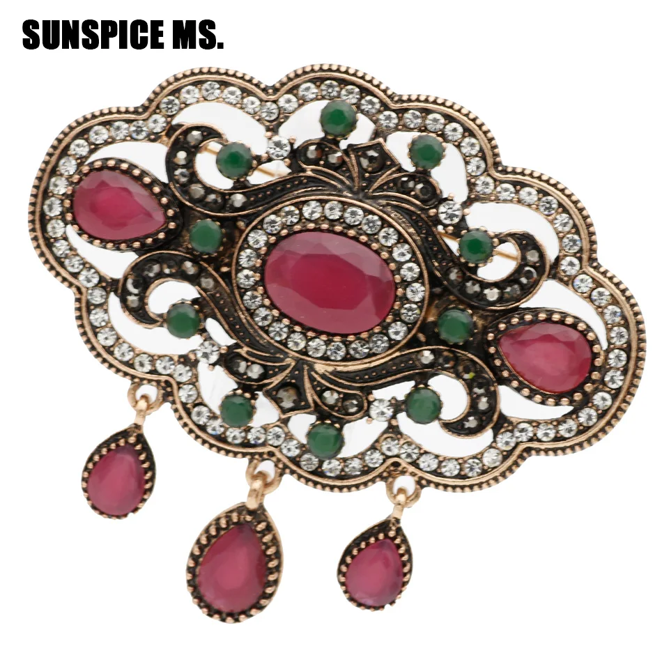 Sunspicems Elegent Round Flower Turkish Brooch For Women Ethnic Caftan Corsage Bride Wedding Jewerly Indian Bohemia Broches Pins