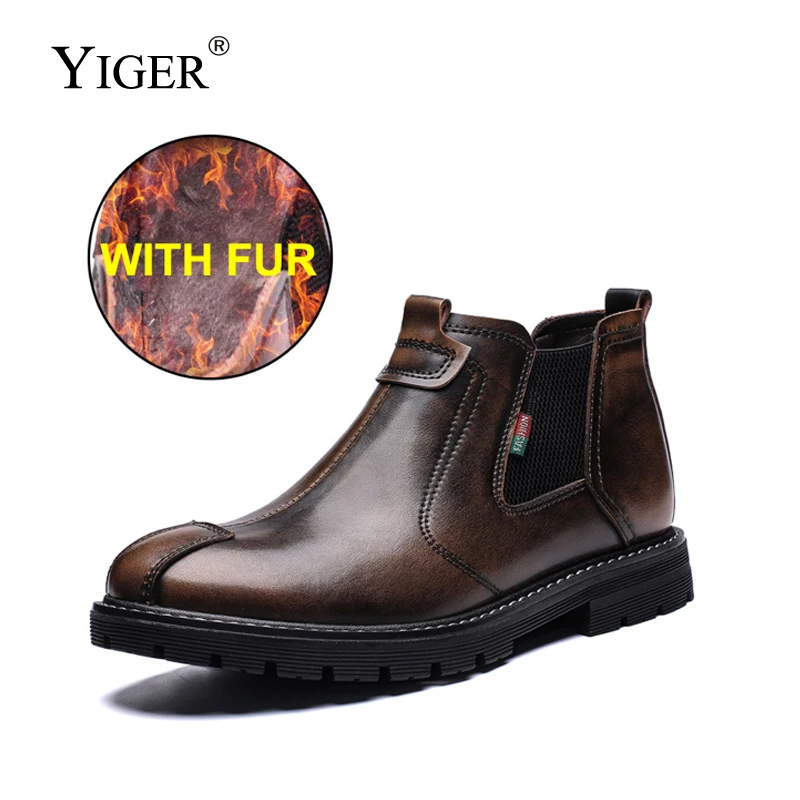 YIGER New Men Chelsea boots Genuine leather men Basic boots man ankle boots winter warm with fur male slip-on Brush shoes 2023