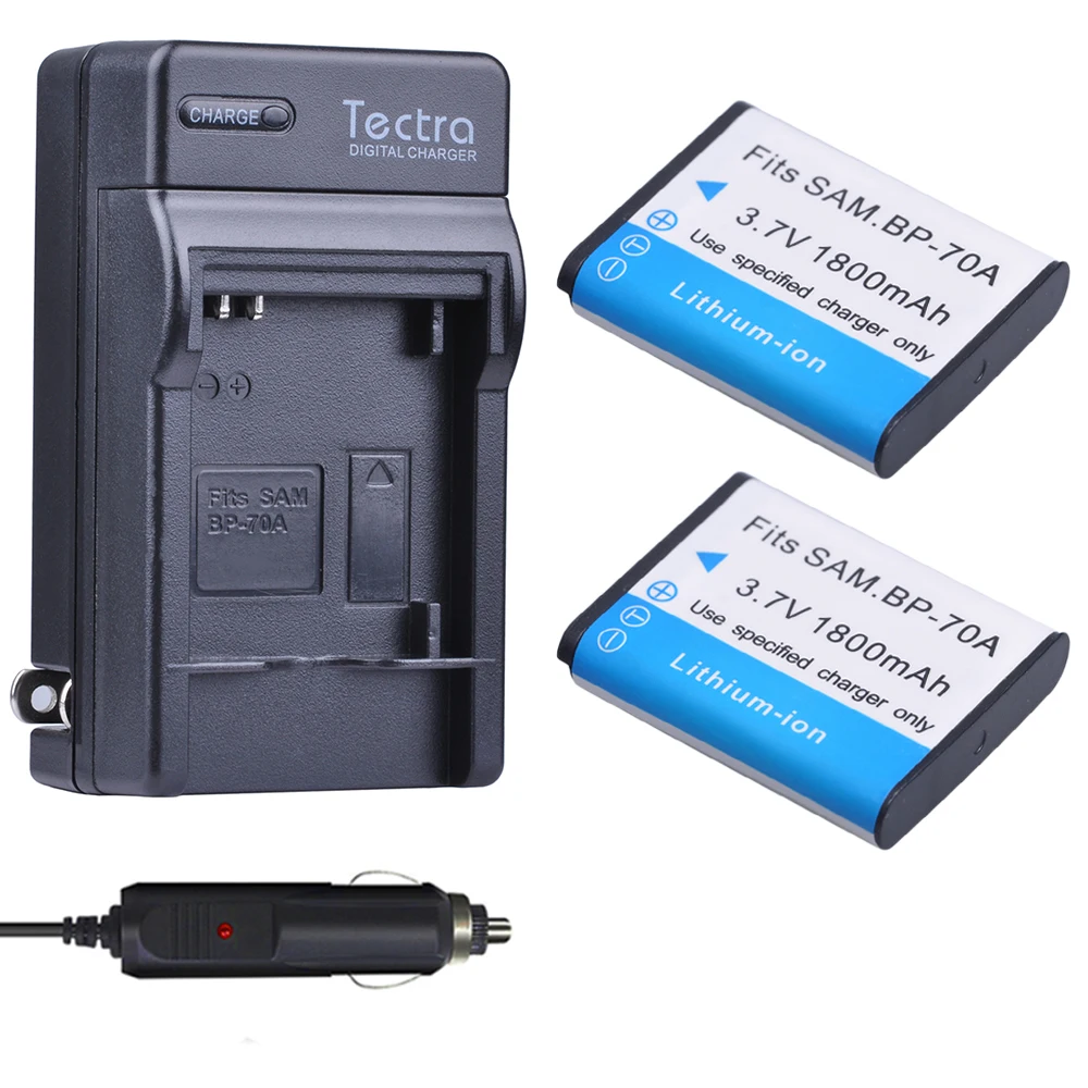 Tectra 2Pcs BP-70A 1800mAh Li-ion Battery + Digital Charger for Samsung ST66 ST700 ST88 ES65 ES95 MV800 PL120 PL170 ES80 ST30