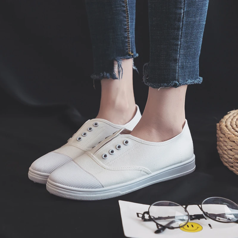 Lightweight Women Canvas Shoes Spring and Autumn Flat Female Casual Shoes Bottom Slacker Shallow Slip on Sneakers