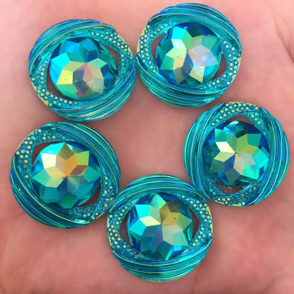 New 6pcs 25mm AB Resin Round FlatBack Flower Rhinestone Embellishment 2 Hole Buttons R86