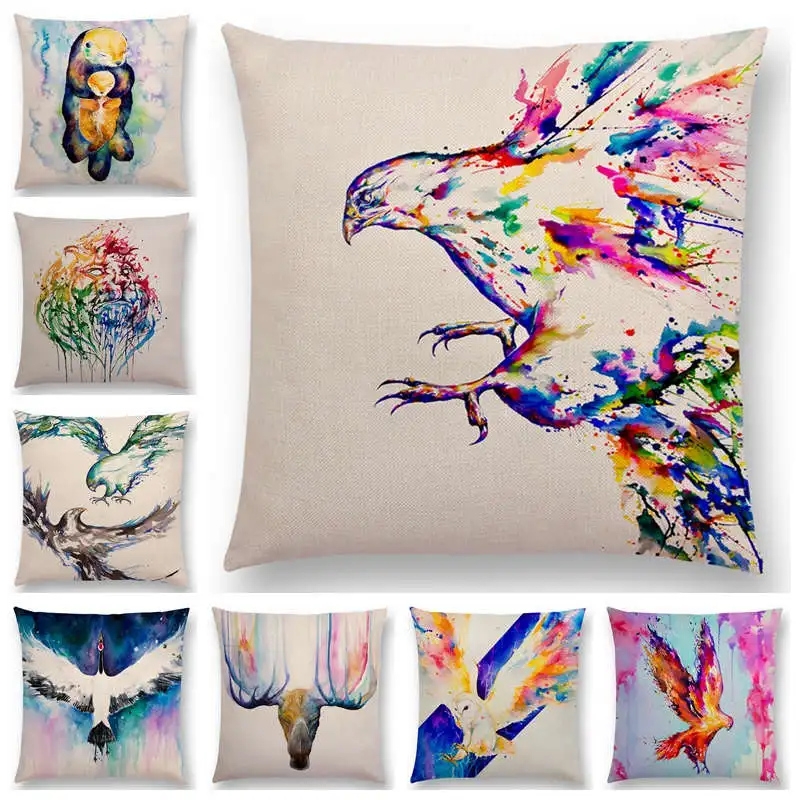 

25 Newest Design Available Watercolor Animals Cushion Cover The Cock Eagle Lion Horse Prints Sofa Pillowcase