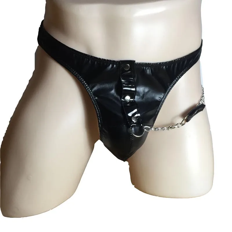 Men Wet Look PVC Leather Chained G-string Lingerie Briefs Thong Underwear Clubwear Fetish Wear Under Pants Outfit