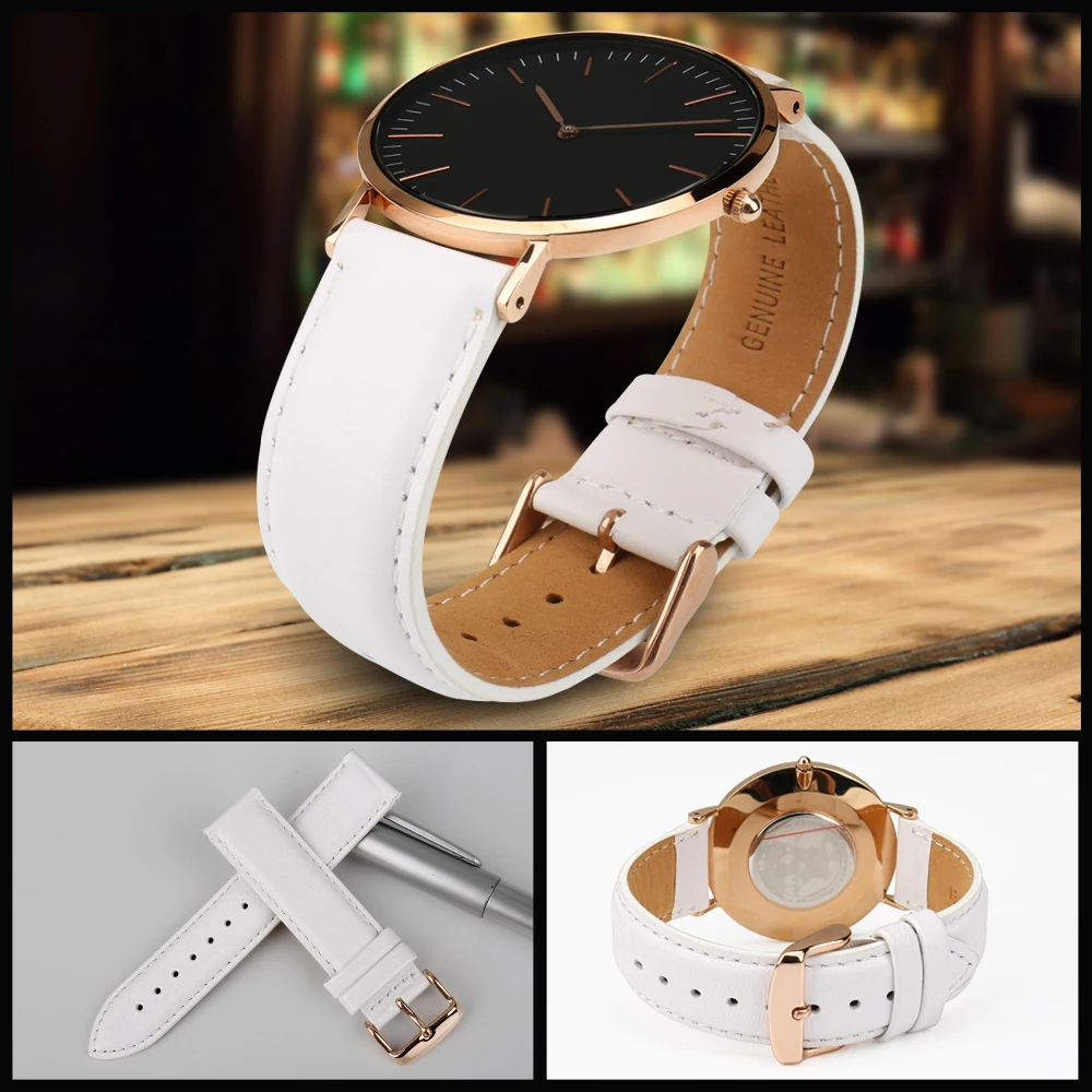 MAIKES Fashion Leather Watch Band White With Rose Gold Clasp Watchband 16mm 17mm 18mm 20mm For DW Daniel Wellington Watch Strap