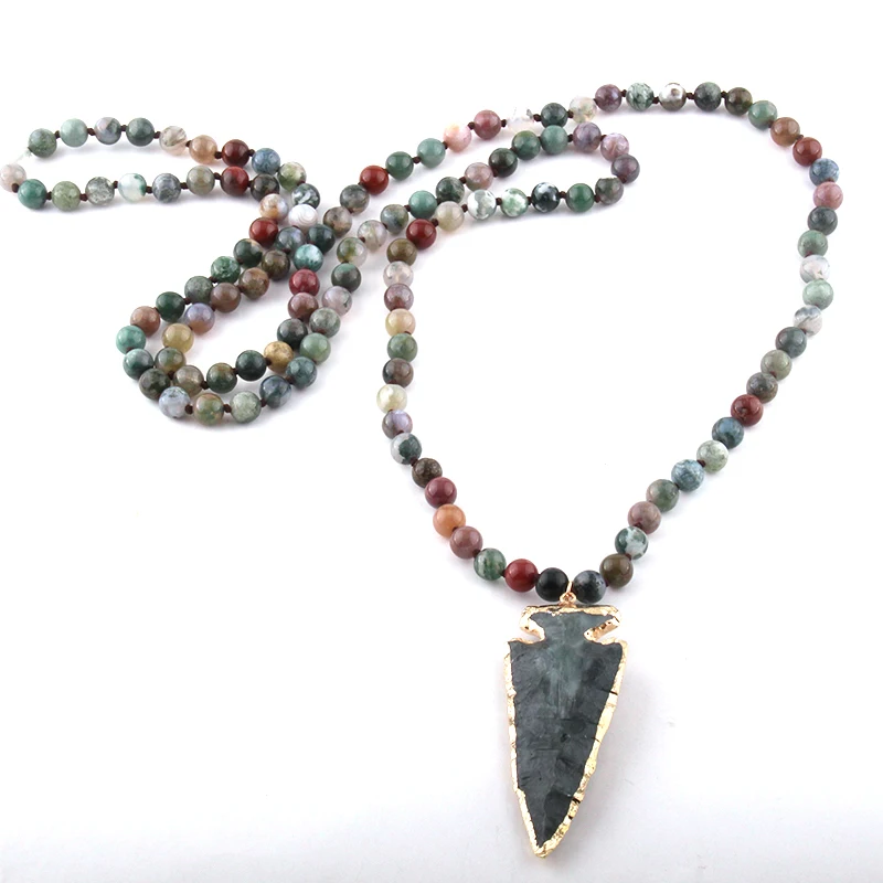 Fashion 130cm Long Knot Halsband India Agat Arrowhead Pendant Necklace Handmade Women Natural Stone Bead Necklace