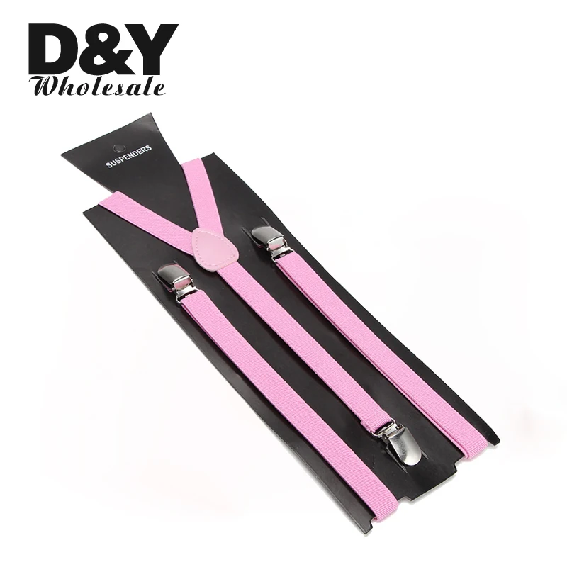 แฟชั่น Classic1.5cm กว้าง "สีชมพู" สี Suspender Unisex Clip-on Elastic Braces Slim Suspender Y-Back Suspenders สําหรับผู้หญิงผู้ชาย 2 PC