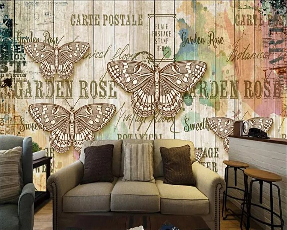 

beibehang Custom Vintage Letters Butterfly Woodgrain photo mural wallpaper bedroom TV Background 3D Wall paper Painting covering