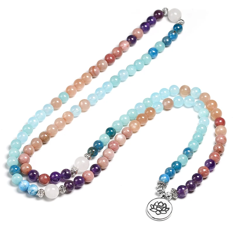 Apatite With Rhodochrosite Natural Stone Meditation Mala 108 Beads Handmade Yoga Bracelet Women Men Charm Jewelry