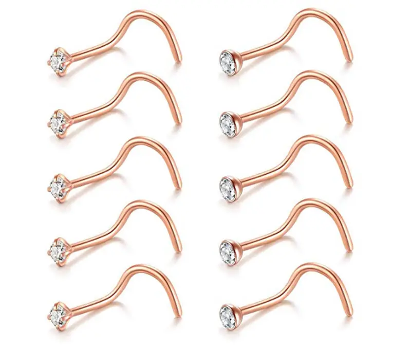 50pcs/lot  Gem Nose Rings 20G Nostril Ring Screw Studs Body Piercing Jewelry Surgical Steel Rose Gold