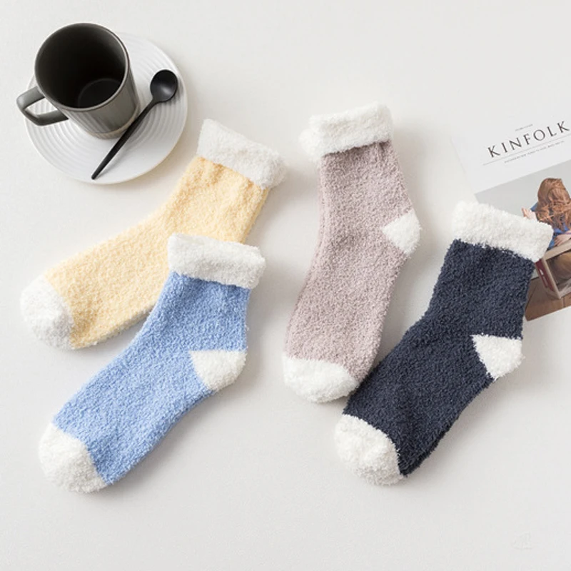 Candy Color Patchwork Terry Warm Lady Cute Winter Fluffy Thick Casual Fuzzy Women Socks Thermo Sox Short Cotton Socks Female