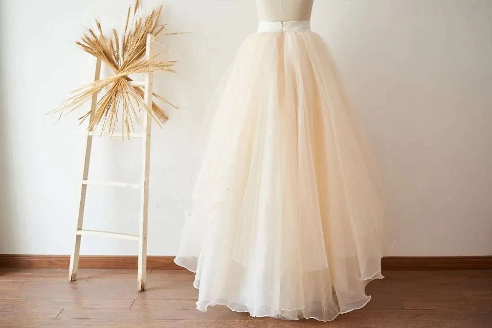 Champagne Organza Tulle Hi Low Skirt Asymmetrical Bridal Wedding Bridesmaid Skirt Prom Party Skirt Costume Tulle Skirt Custom