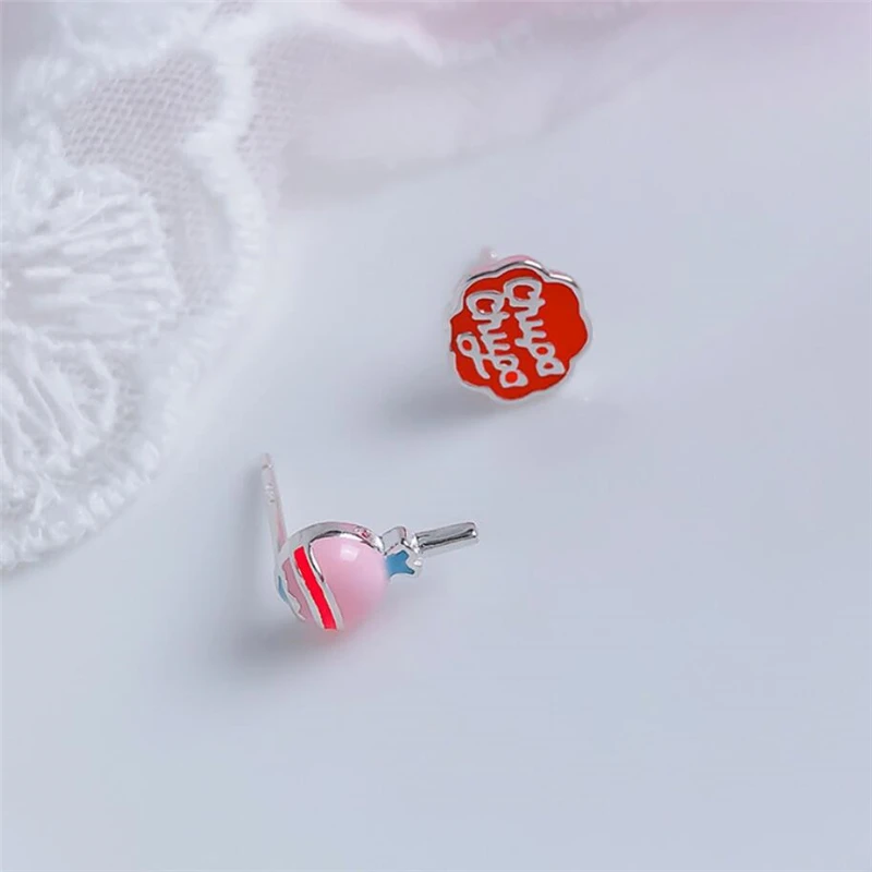 Sweet Cute Asymmetrical Candy Lollipop Fresh Art Silver Color Female Stud Earrings For Women Girl Luxury Jewelry Party Gift