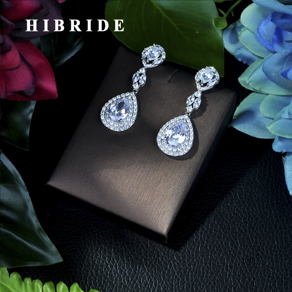 

HIBRIDE Luxury Dangle Long Earrings For Women Wedding Water Drop Cubic Zirconia Earrings Party Gifts E-25