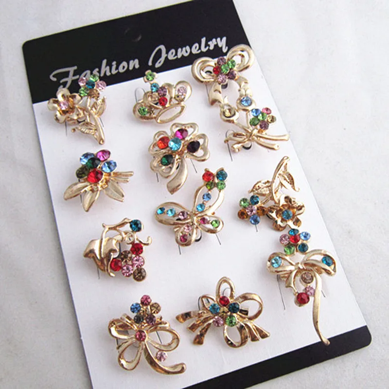 

High Quality(24pcs/lot)Free Shipping Gold Color Mixed Color Crystal Different Small Brooches!!