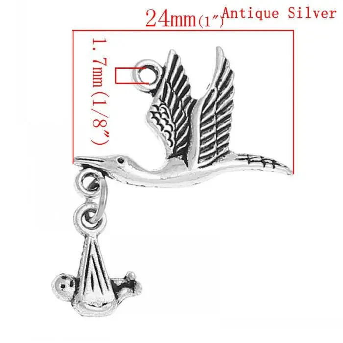 DoreenBeads 20PCs Silver Color Flying Stork W/Dangling Baby in Bundle Charm Pendants 29mm x24mm(1 1/8\