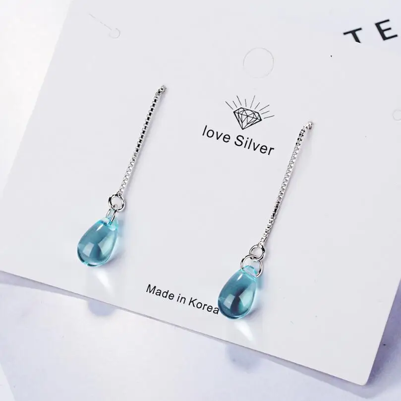 New Korean Literary Sweet Blue Crystal Water Drop Earrings For Women Pendientes Jewelry Gift Brincos SAE481
