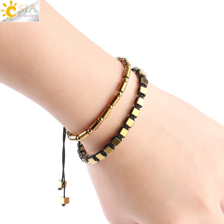 CSJA Fashion Hematite Bracelet Magnetic Elastic Weave Adjustable Bracelets Square Cylindrical Healthy Bangles for Men Women F623